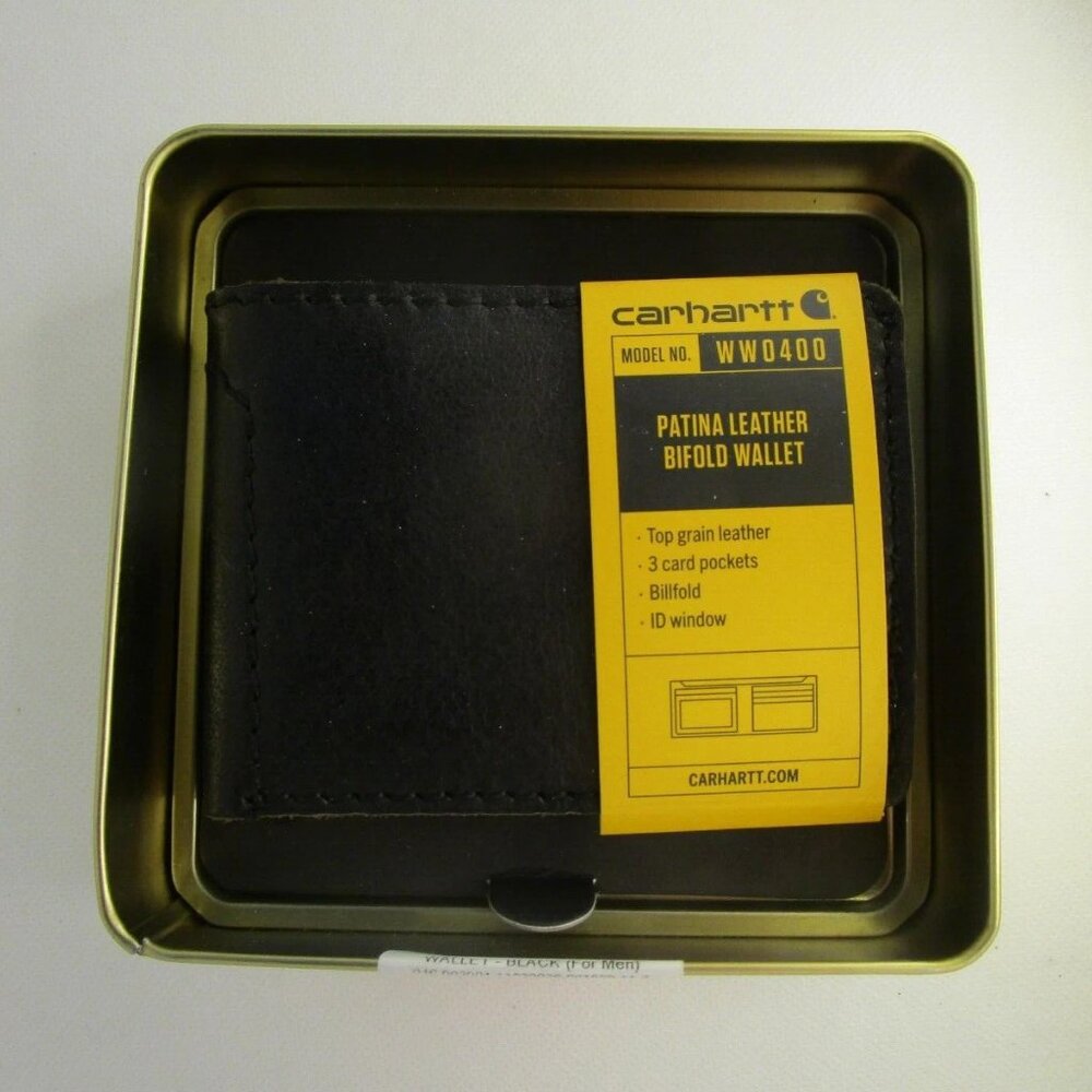 CARHARTT Men's WW0400 Patina Bifold Black Leather Wallet NIB Gold Metal Box